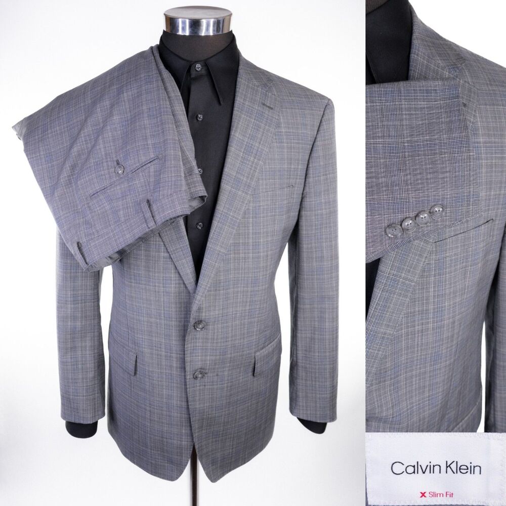 Calvin Klein 2-Pcs Plaid Gray Wool Suit Jacket Blazer 46R Pants 42X28 2-Button
